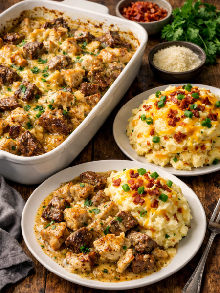 Garlic Parmesan Chicken & Steak Bake with Cheesy Loaded Mashed Potatoes