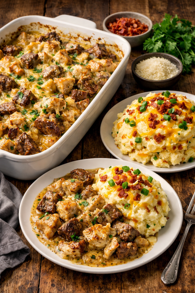 Garlic Parmesan Chicken & Steak Bake with Cheesy Loaded Mashed Potatoes