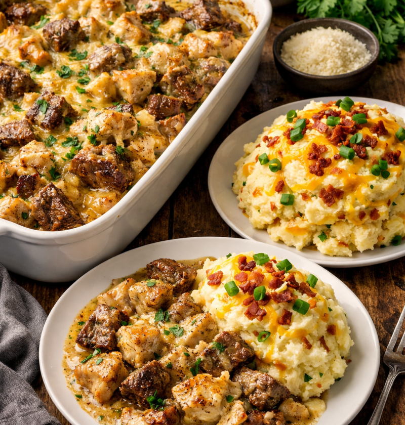 Garlic Parmesan Chicken & Steak Bake with Cheesy Loaded Mashed Potatoes
